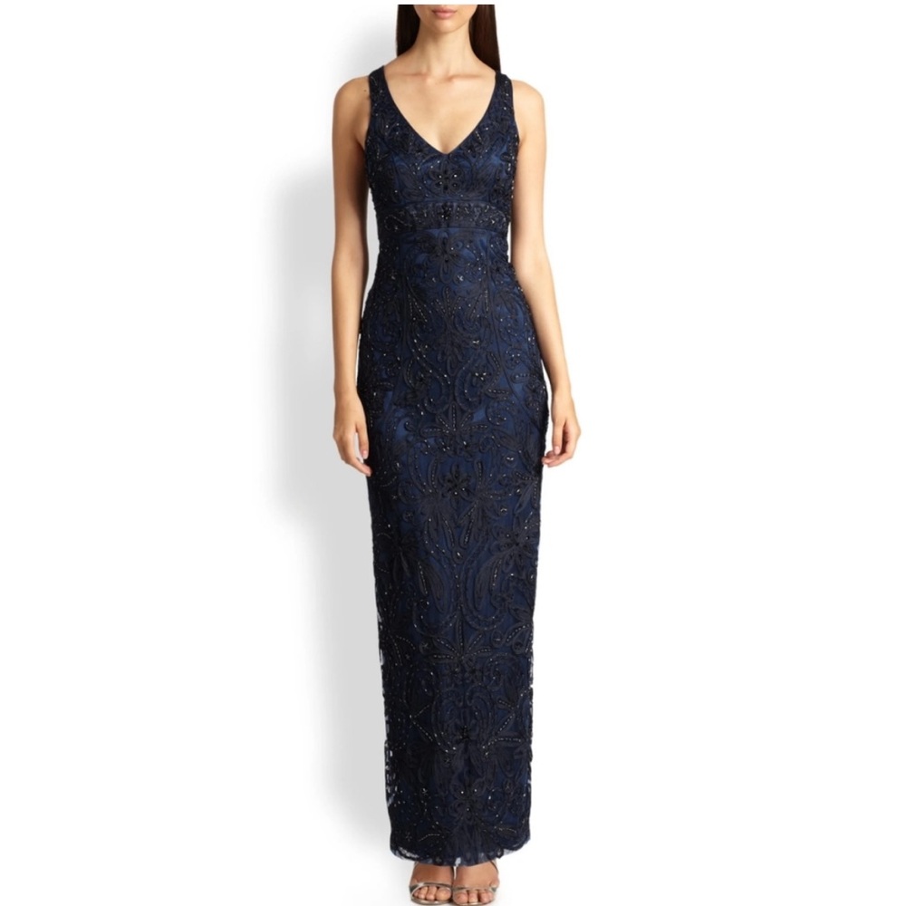 Sue Wong Beaded V-Neck Black Blue Column Gown